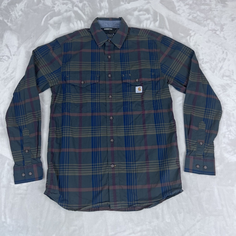 Carhartt Shirt Mens Small Plaid Rugged Flex Relaxed Fit Button Up Workwear